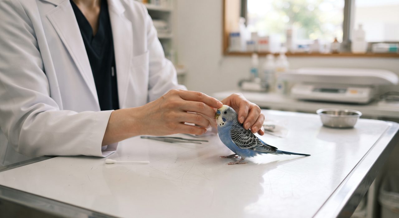 動物病院の診察室、白衣を着た人物の手が診察台の上のセキセイインコに優しく触れている様子(顔は写らない)