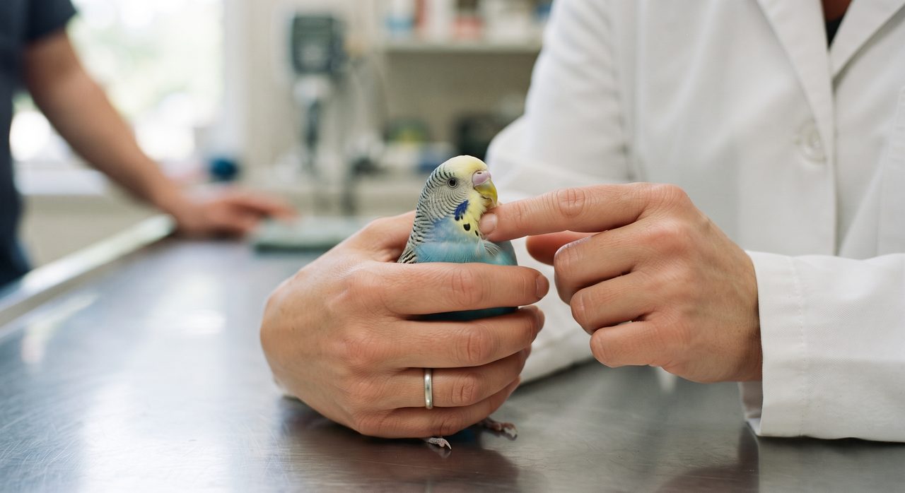 動物病院の診察台で、白衣を着た人物の手がセキセイインコを持ちそのう(喉元)に指先で軽く触れて確認している様子のクローズアップ