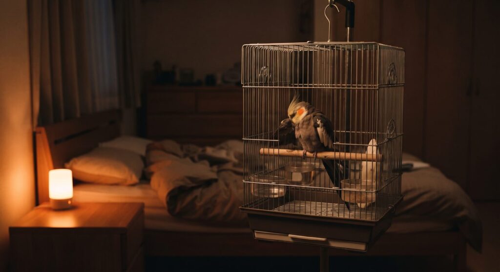 夜の寝室、常夜灯の柔らかいオレンジ色の光の中でオカメインコが鳥かごの止まり木に静かにとまって眠っている様子