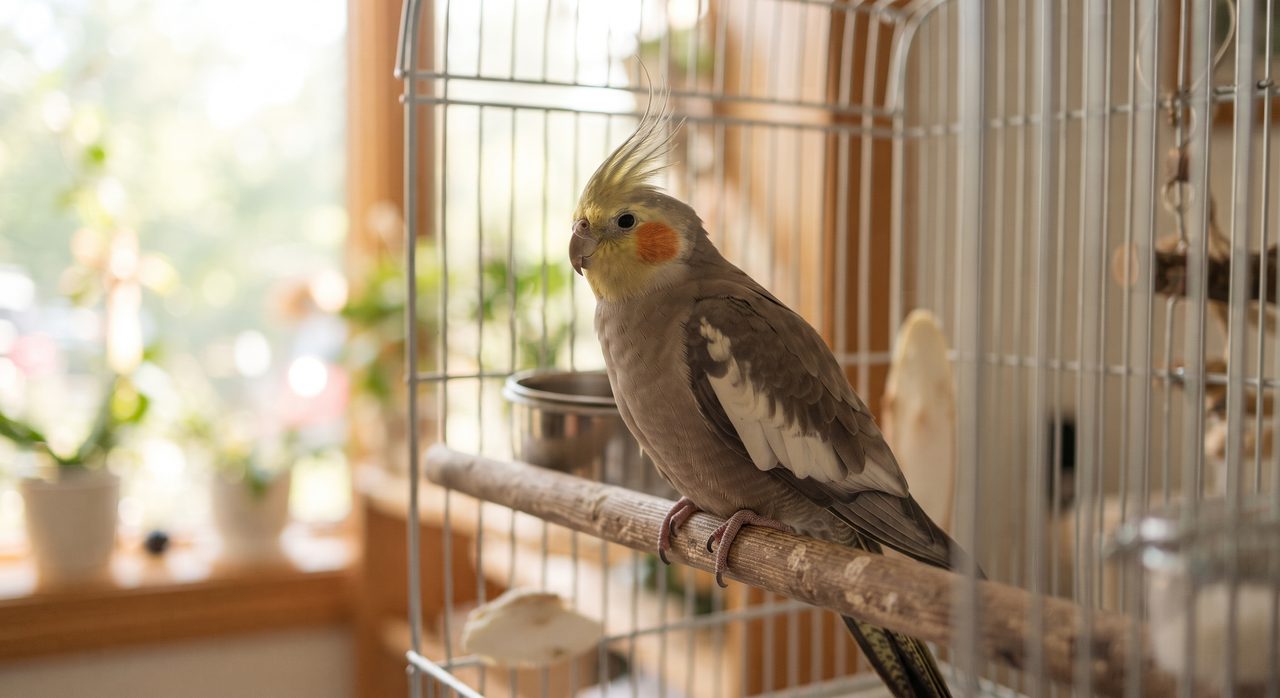 明るい日中の室内、鳥かごの止まり木にとまった灰色がかった体色のオカメインコが冠羽と頬のオレンジ色の斑を見せて落ち着いている様子
