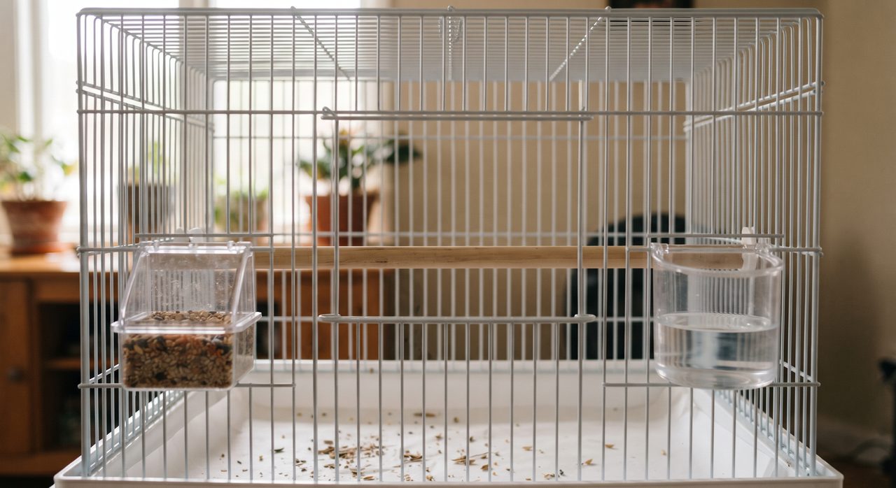 鳥かごの内部、安定した止まり木1本とエサ入れ・水入れだけがシンプルに配置され、余分なおもちゃが入っていない片付いた状態