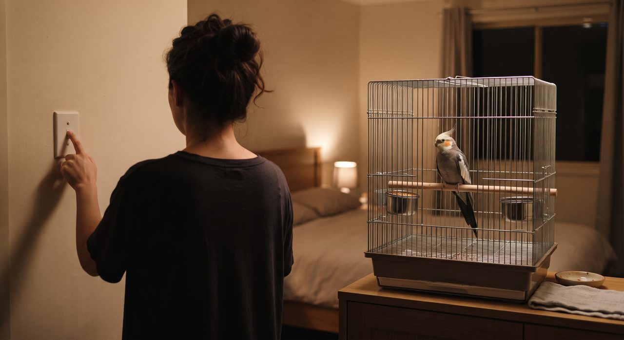 夜、部屋の照明をつけて壁のスイッチに手を伸ばす人物の後ろ姿、そばの鳥かごには落ち着いた様子のオカメインコがとまっている