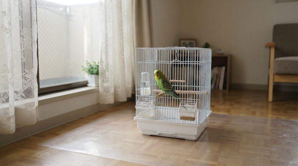 賃貸の部屋の床に透明なマットを敷き、その上に鳥かごを置いて床を傷や汚れから守っている様子