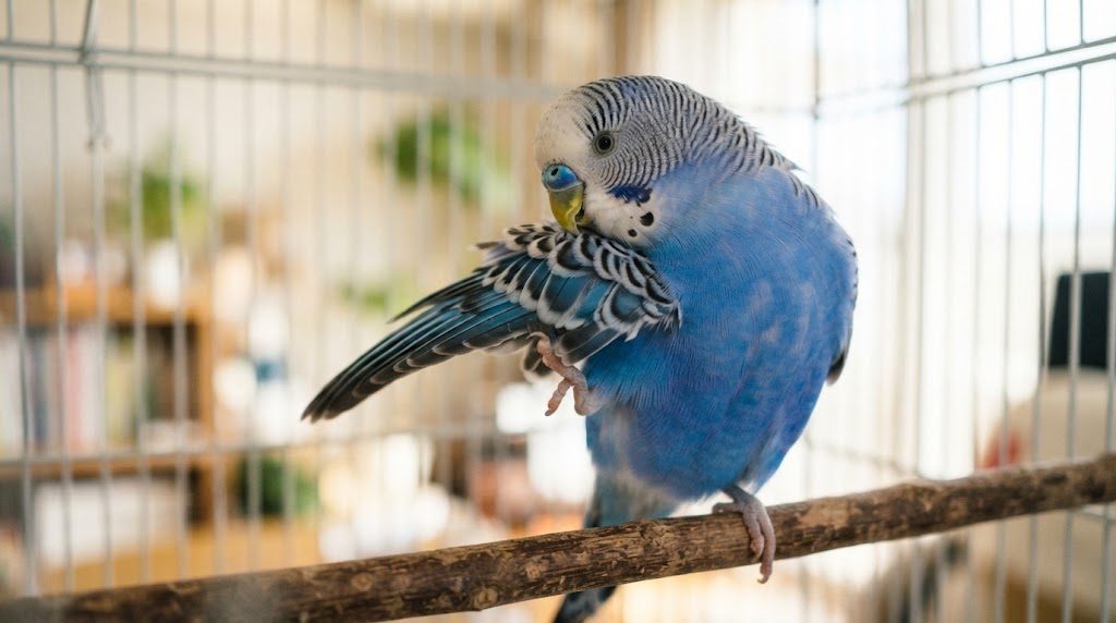 羽づくろいをしている羽並みのきれいなセキセイインコ。健康な状態の目安になる様子