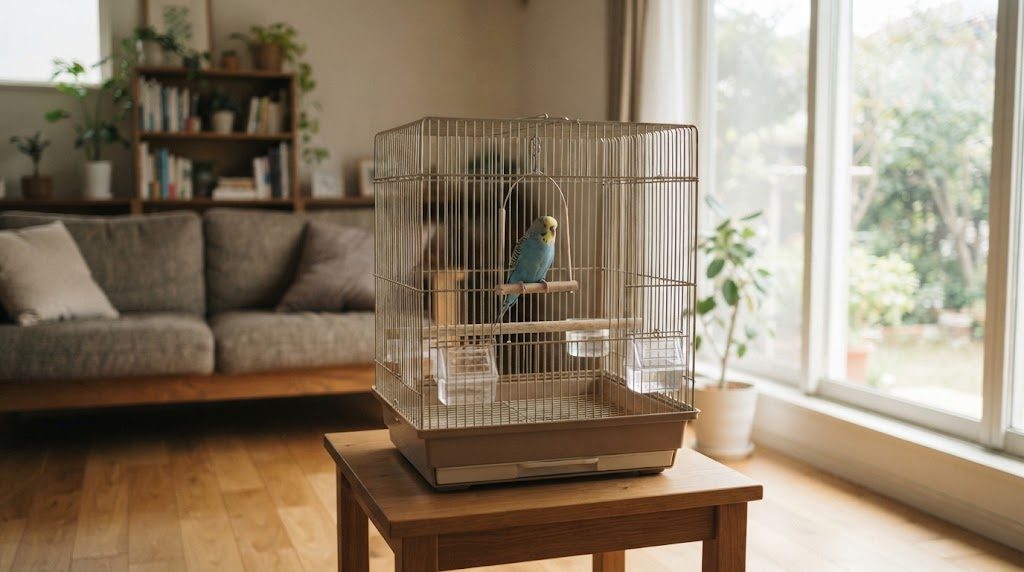 日中の誰もいないリビングで、ケージの中のブランコに止まって静かに過ごしているセキセイインコ