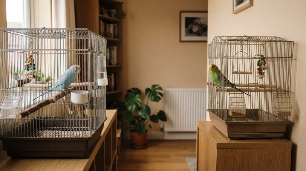 離れた位置に置かれた2つのケージで、セキセイインコが1羽ずつ互いの様子をうかがっている様子
