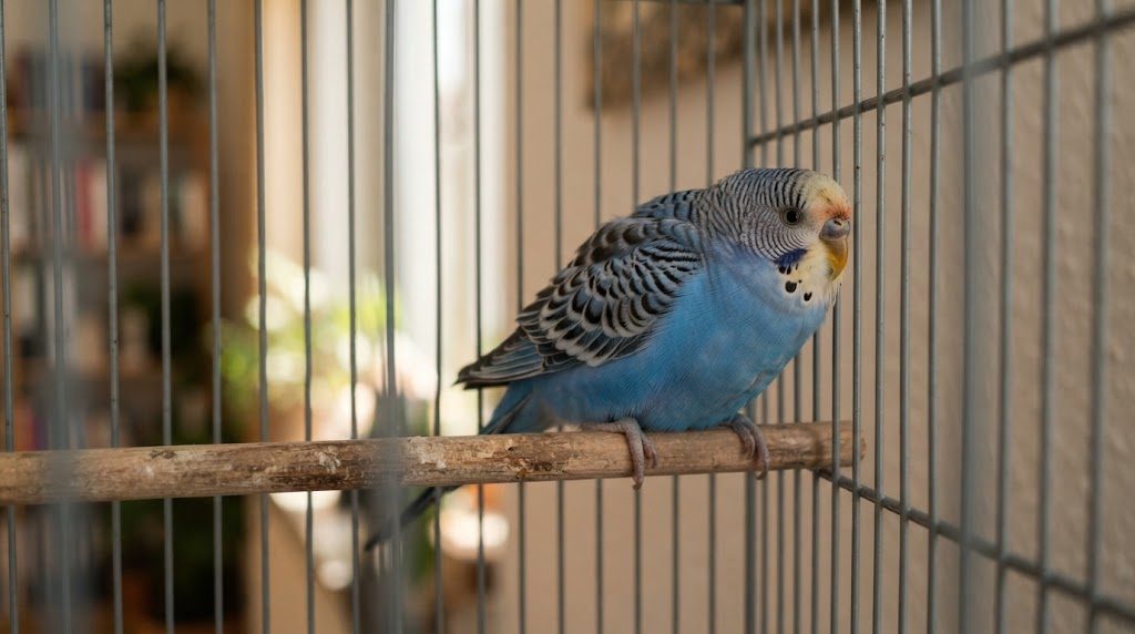 手を近づけられるのを怖がって、ケージの隅で体を縮めているセキセイインコ
