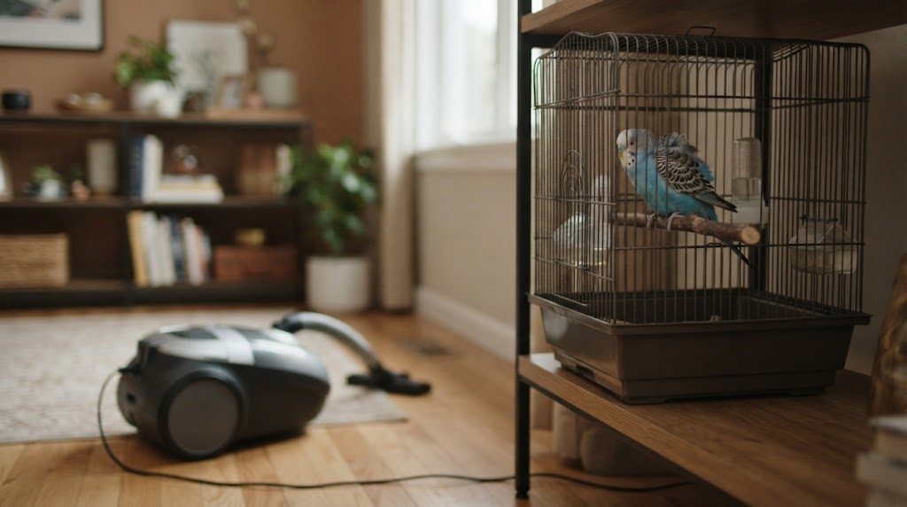掃除機の音に驚いたのか、ケージの中のセキセイインコが羽をふくらませて体を固くしている様子