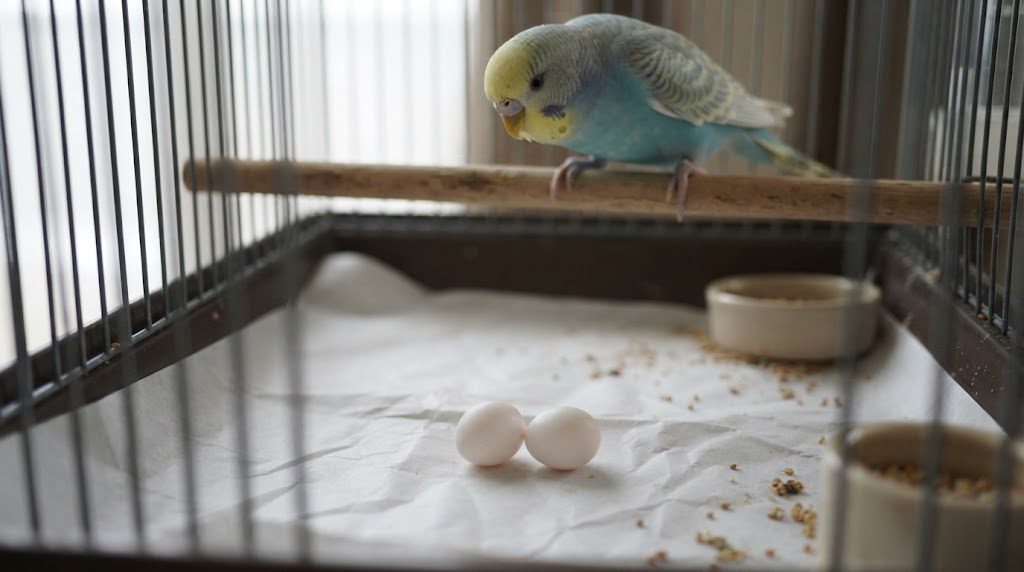 ケージの底に産み落とされた小さな白い卵2個と、止まり木からそれを見ているセキセイインコ