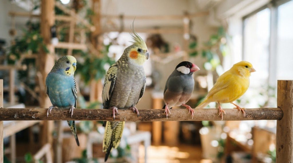 セキセイインコ、オカメインコ、文鳥、カナリアの4羽が1本の止まり木に並び、体の大きさの違いがわかる様子