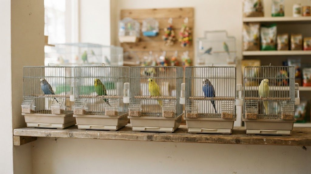 小鳥専門店の棚に鳥かごが並び、それぞれのかごにインコが1羽ずつ入っている様子