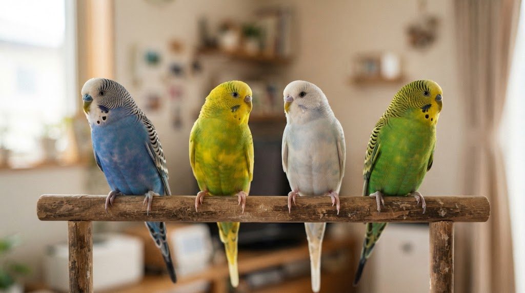 1本の止まり木に、青・黄・白・緑のセキセイインコ4羽が並んでとまっている様子