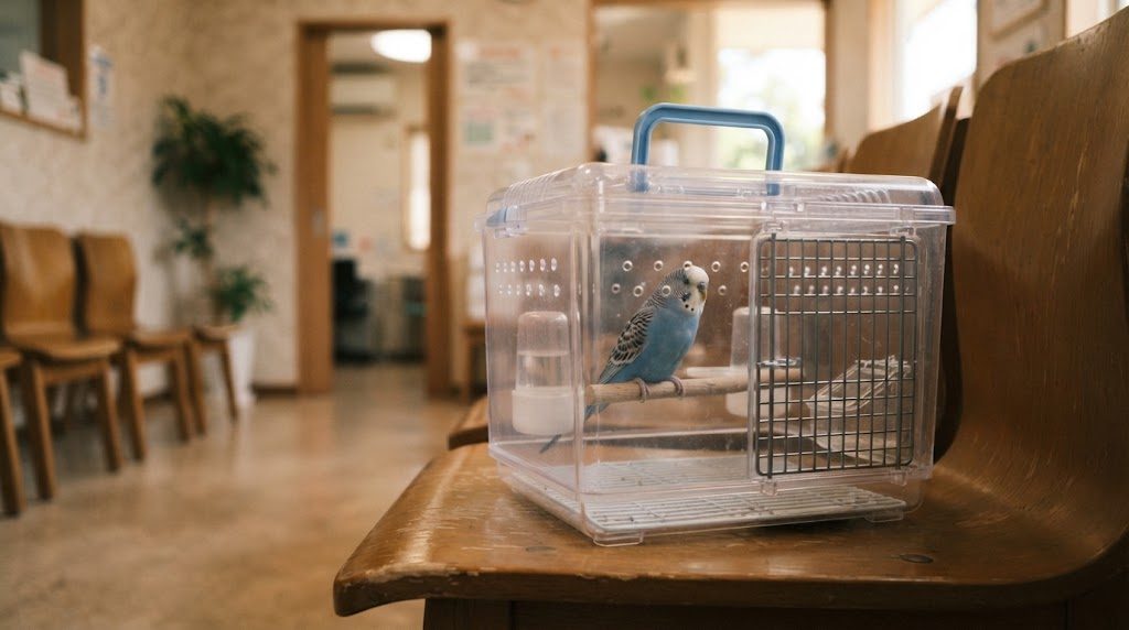 動物病院の待合室のベンチに置かれた小鳥用キャリーケースの中で、セキセイインコが静かにとまっている様子