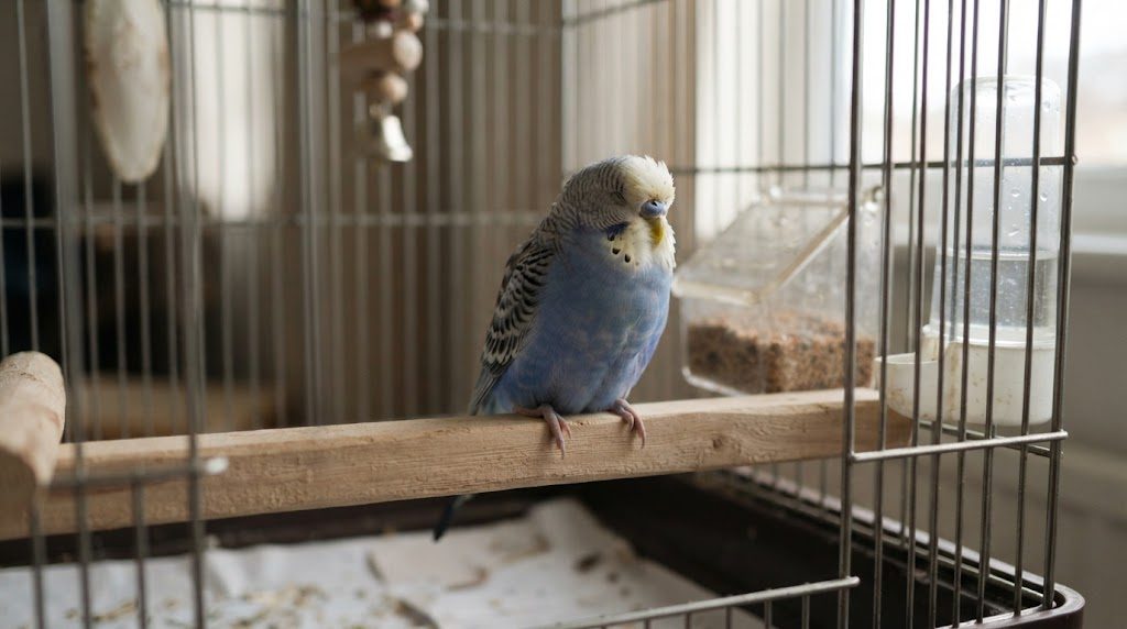 鳥かごの低い位置に取り付けられた太い止まり木に、年老いたセキセイインコがとまっている様子